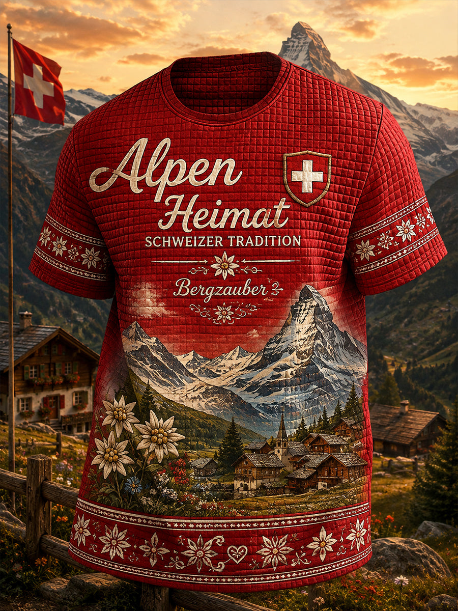Herren-Waffelstrick-T-Shirt mit kurzen Ärmeln und grafischem Schneeberg-Print