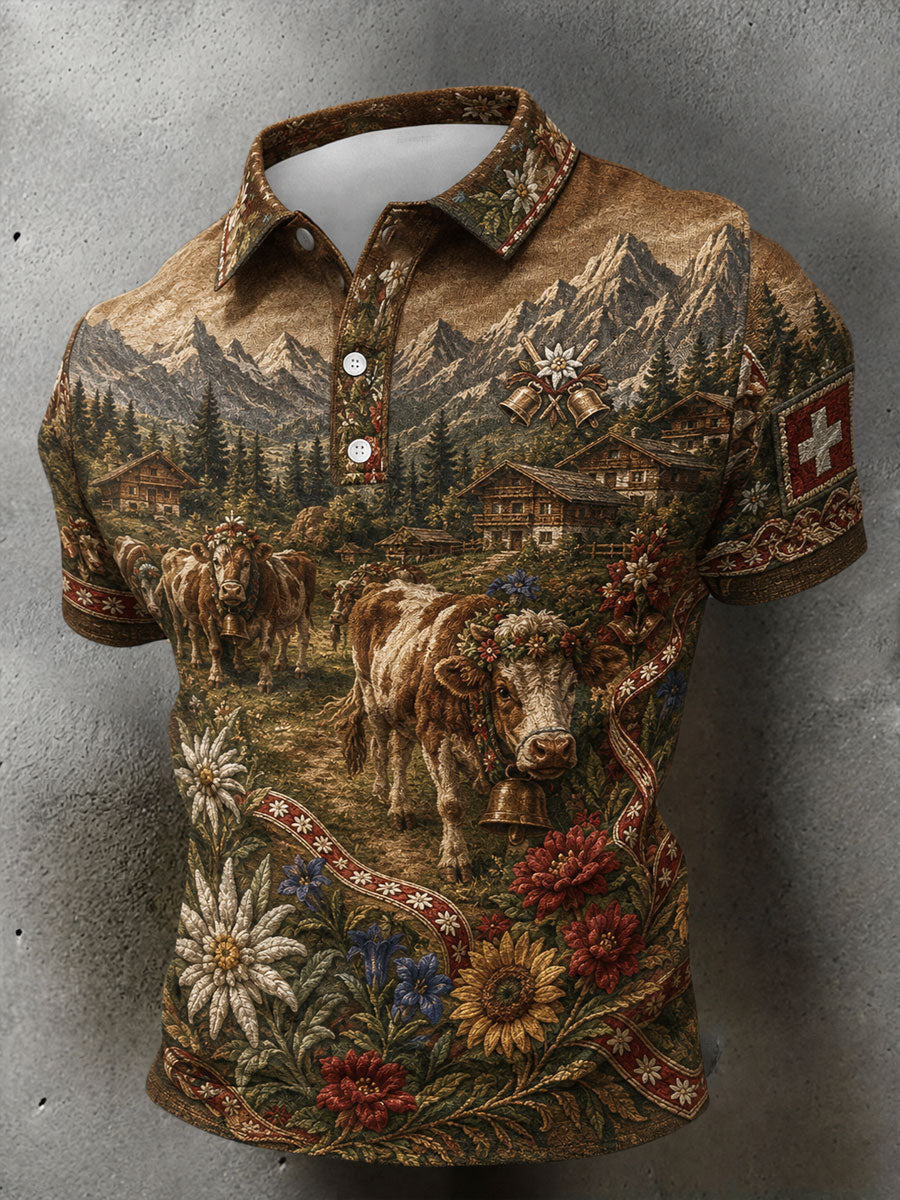 Herren-Schweizer Edelweiß-Alpen-Kunstdruck-Lässig-Oberteil