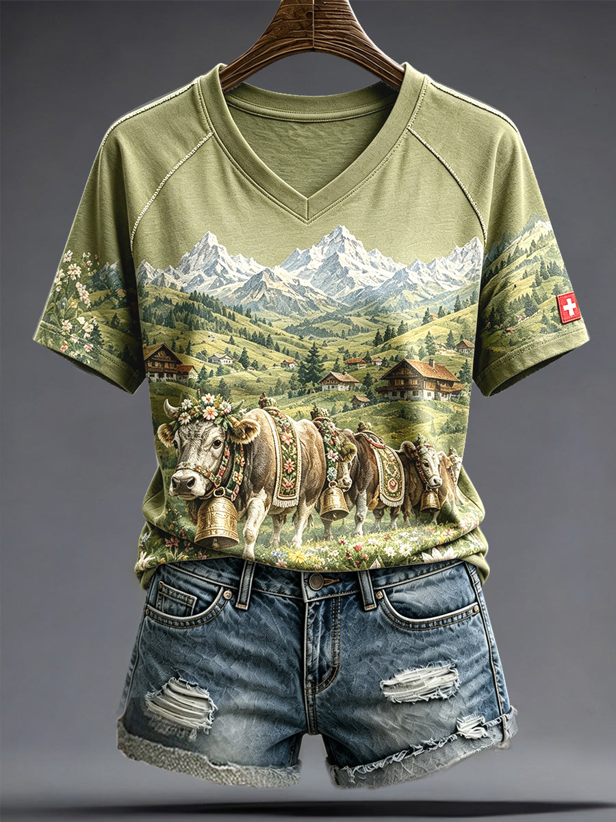Damen-T-Shirt mit Schweiz- und Alpen-Motiv, Edelweiß-Print