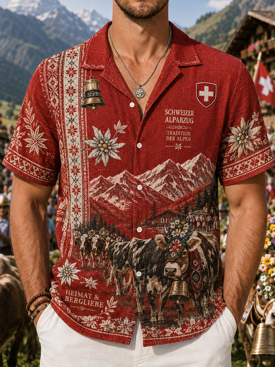 Herren-Vintage-Waffelstrick-Hemd mit kurzen Ärmeln und grafischem Aufdruck zum Cattle Drive Festival