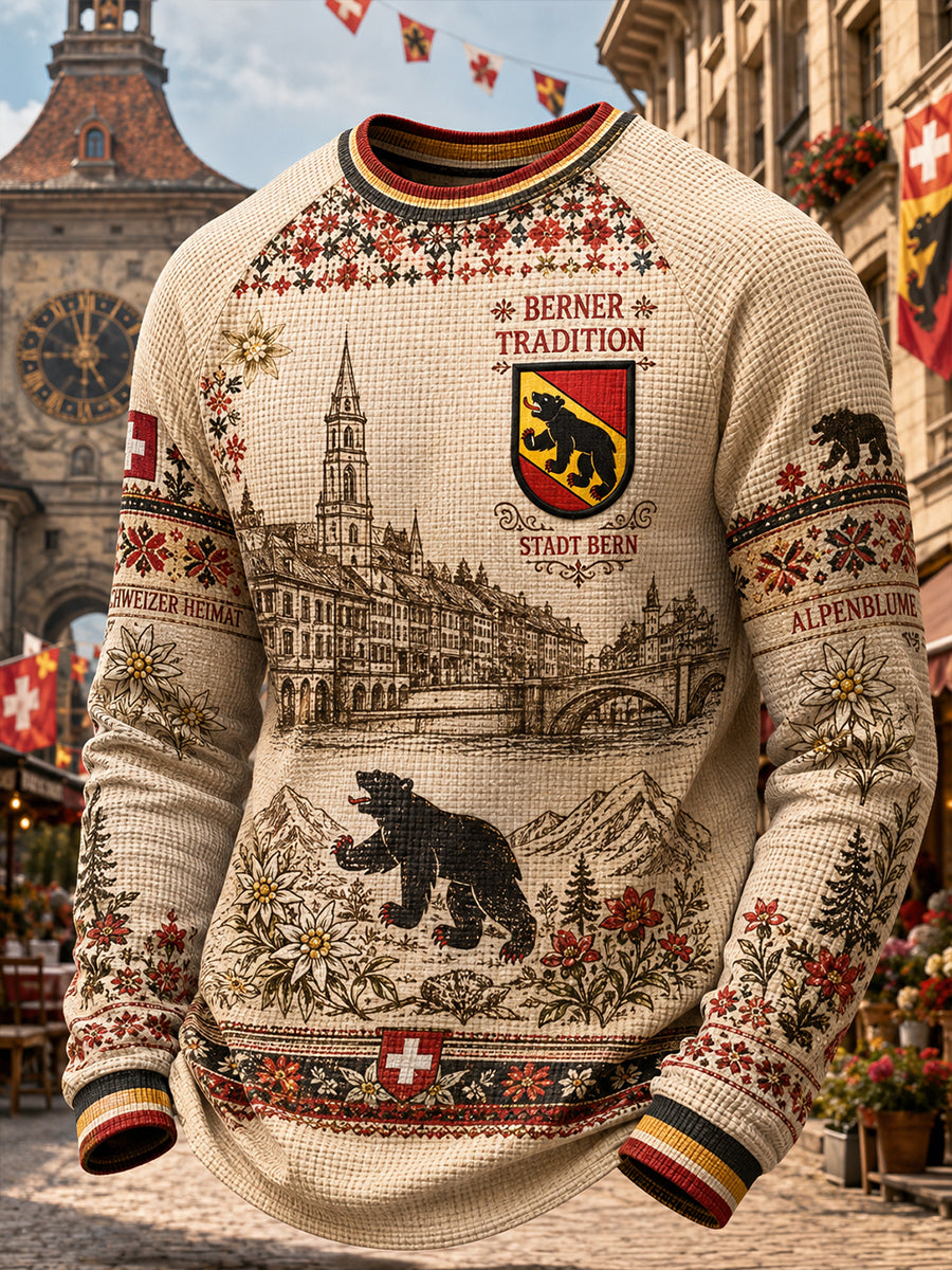 Herren-Graphic-Top im Retro-City-Stil, Raglan-Design, Langarm, Waffelstrick