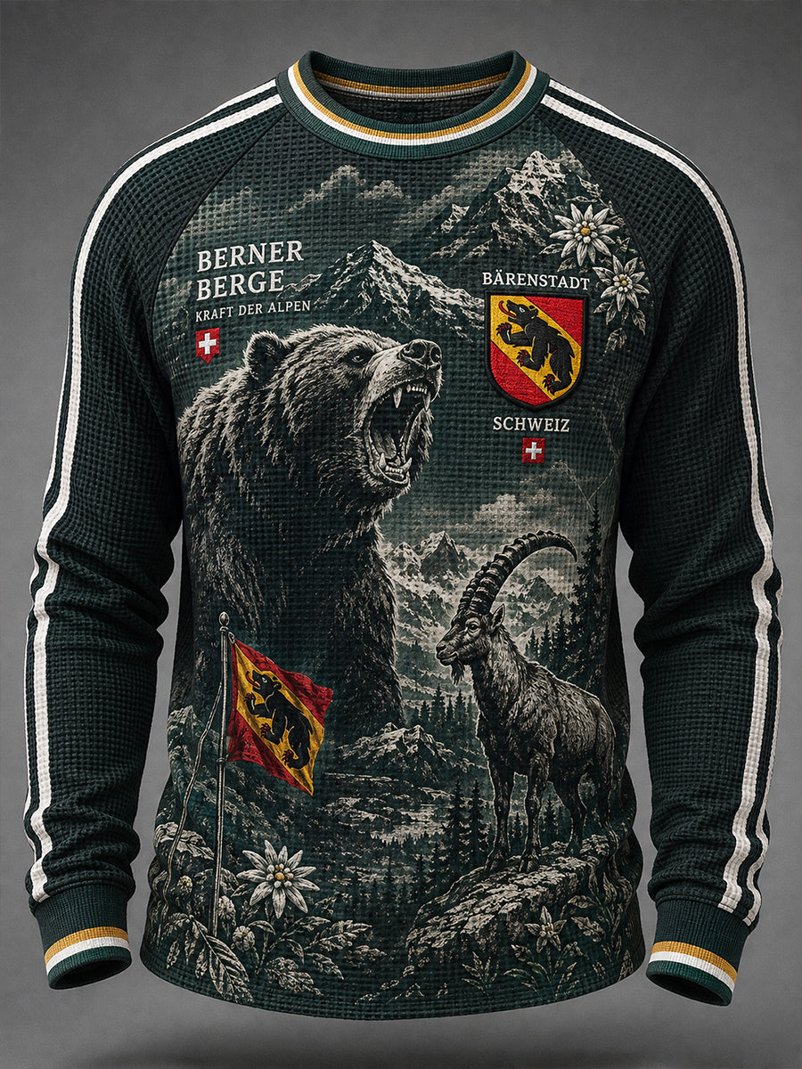 Herren-Graphic-Top im Retro-City-Stil, Raglan-Design, Langarm, Waffelstrick
