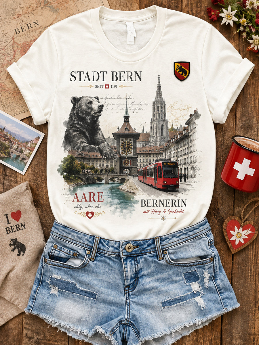 Damen-T-Shirt mit kurzen Ärmeln und grafischem Städte-Souvenir-Print