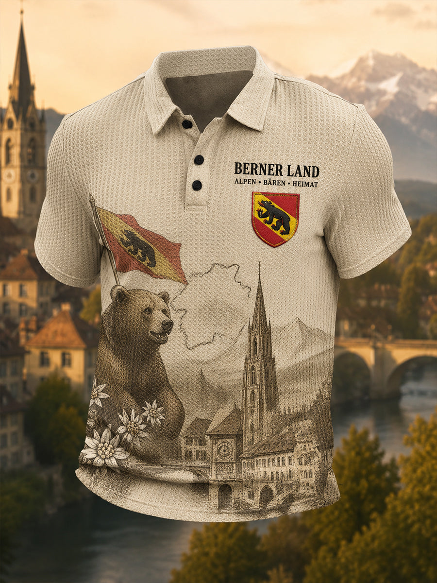 Herren-Poloshirt mit städtischem Grafik-Design, kurzärmelig und aus Waffelstrick