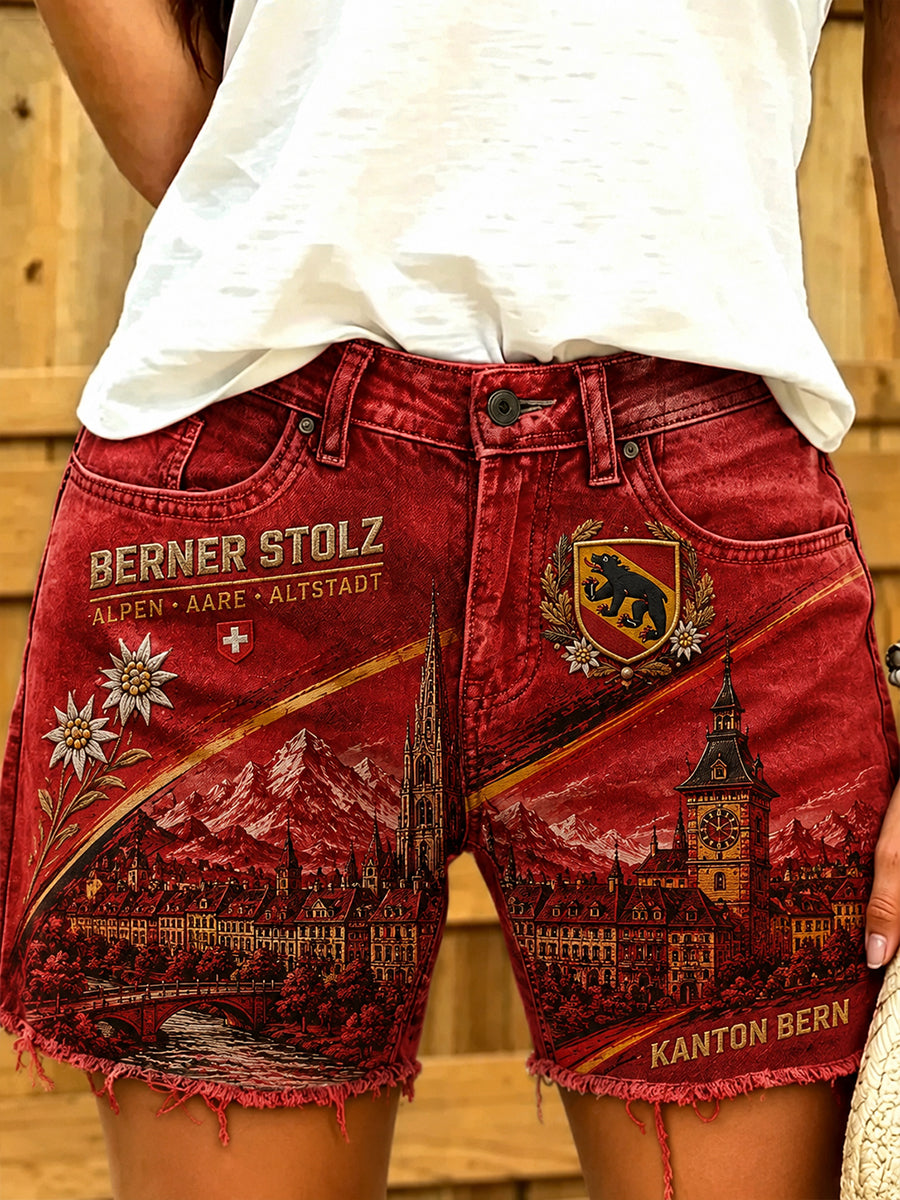 Lässige Damen-Jeansshorts mit Stadt-Souvenir-Print