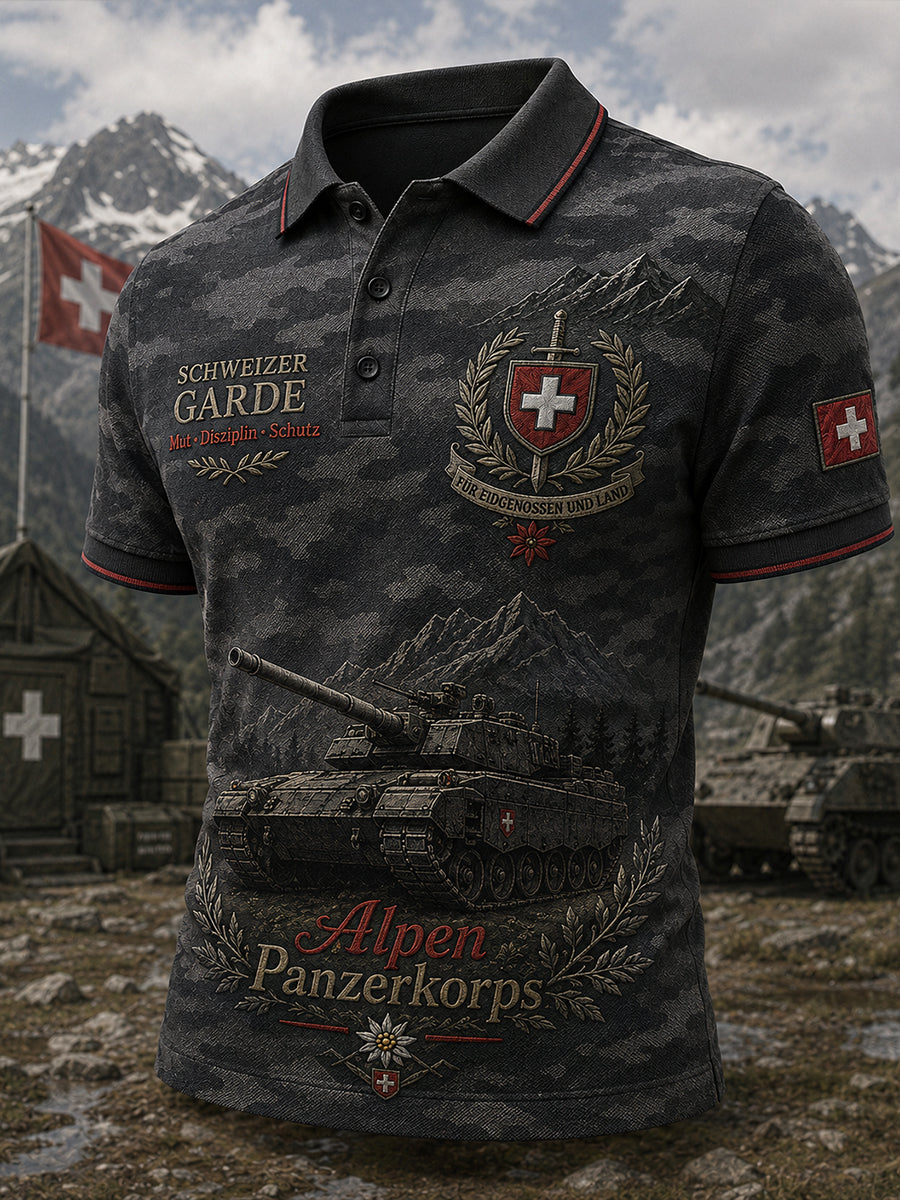 Herren-Poloshirt mit kurzen Ärmeln und Vintage-Print im Militärstil