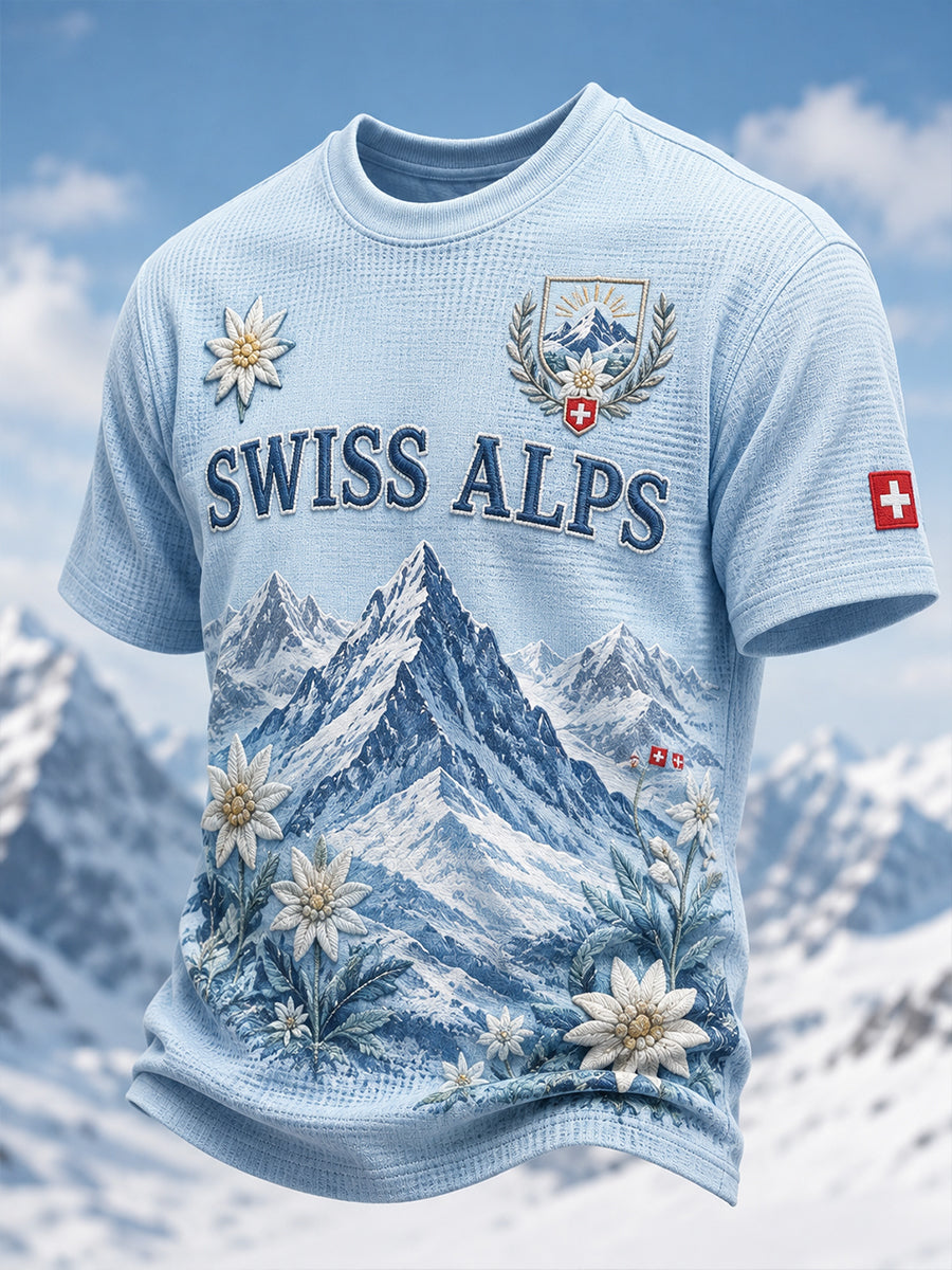 Herren-T-Shirt aus Waffelstrick mit alpinem Blumenmuster und kurzen Ärmeln