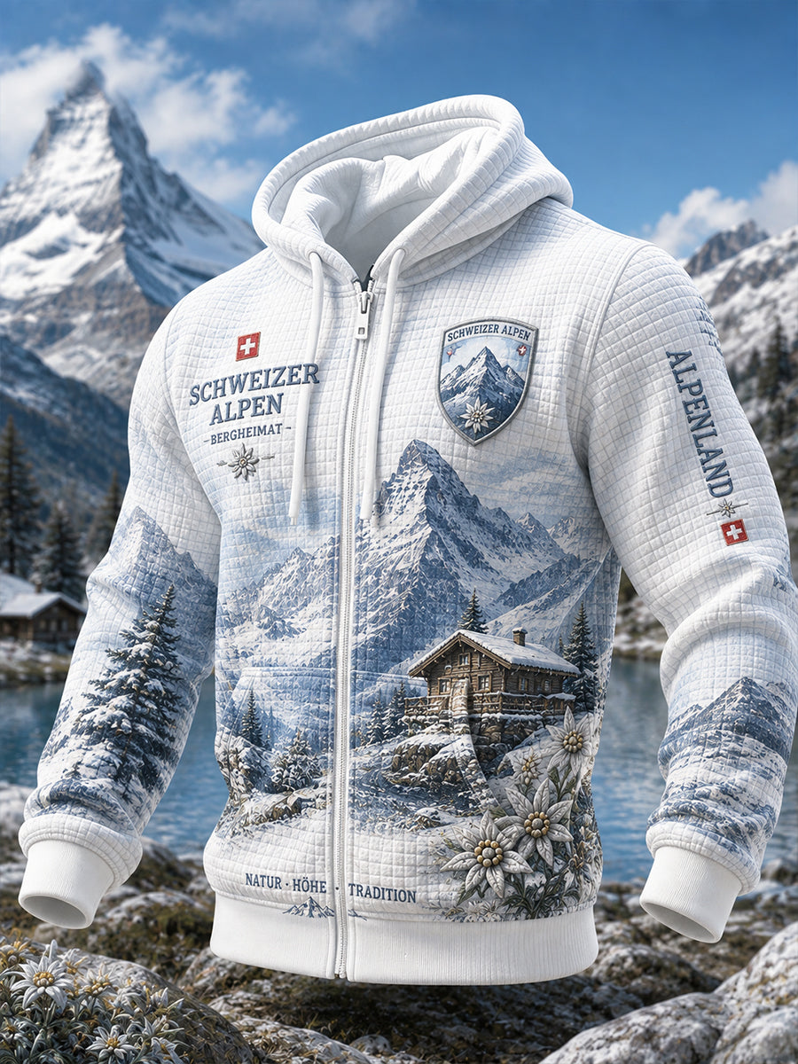Herren-Kapuzenpullover aus Waffelstrick mit alpinem Motivdruck und langen Ärmeln