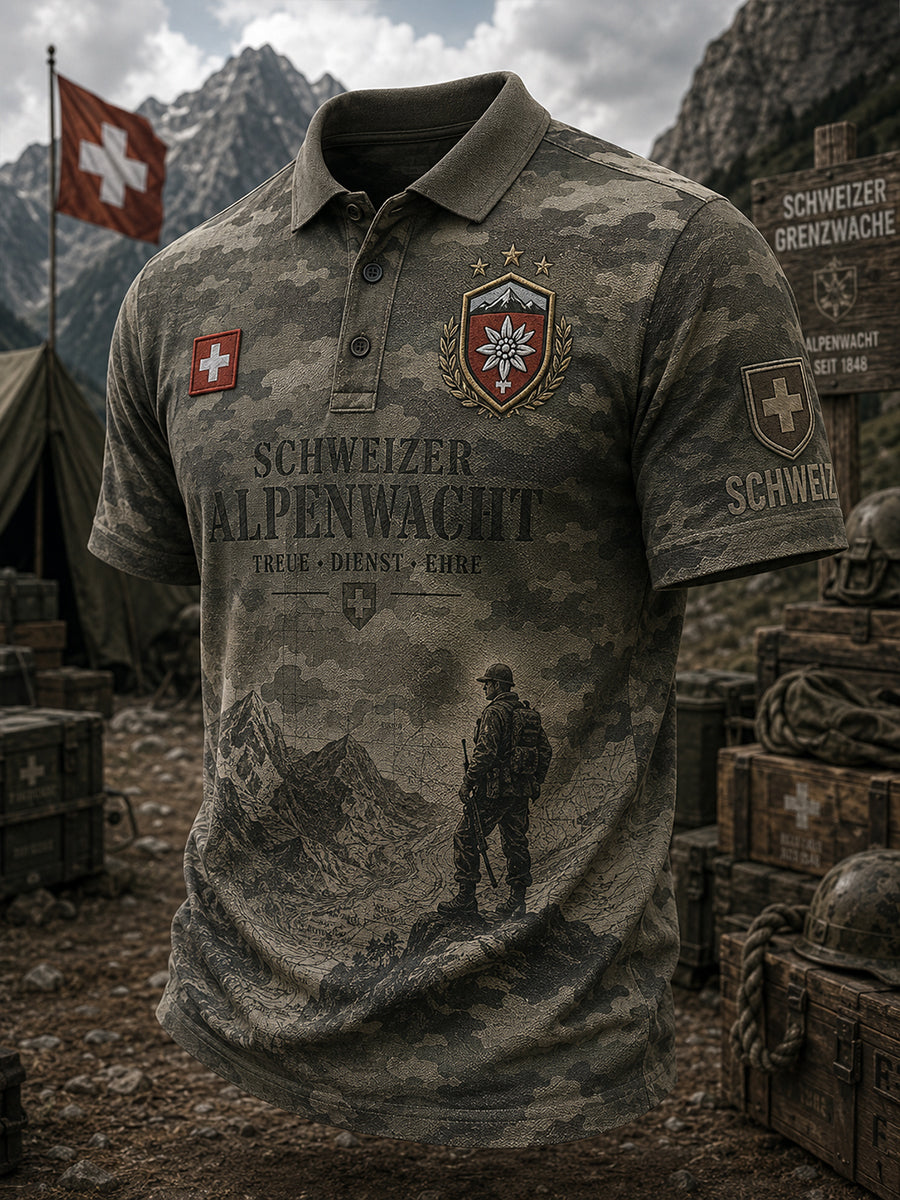 Herren-Poloshirt mit kurzen Ärmeln und militärischem Gedenkdruck