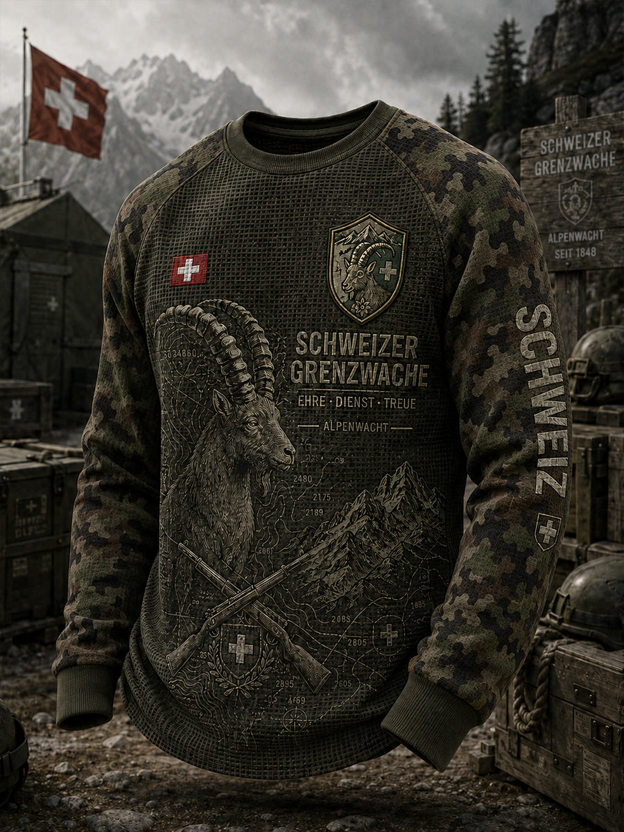 Herren-T-Shirt mit Raglanärmeln und Waffelstruktur, langärmlig, mit militärinspiriertem Grafikdruck