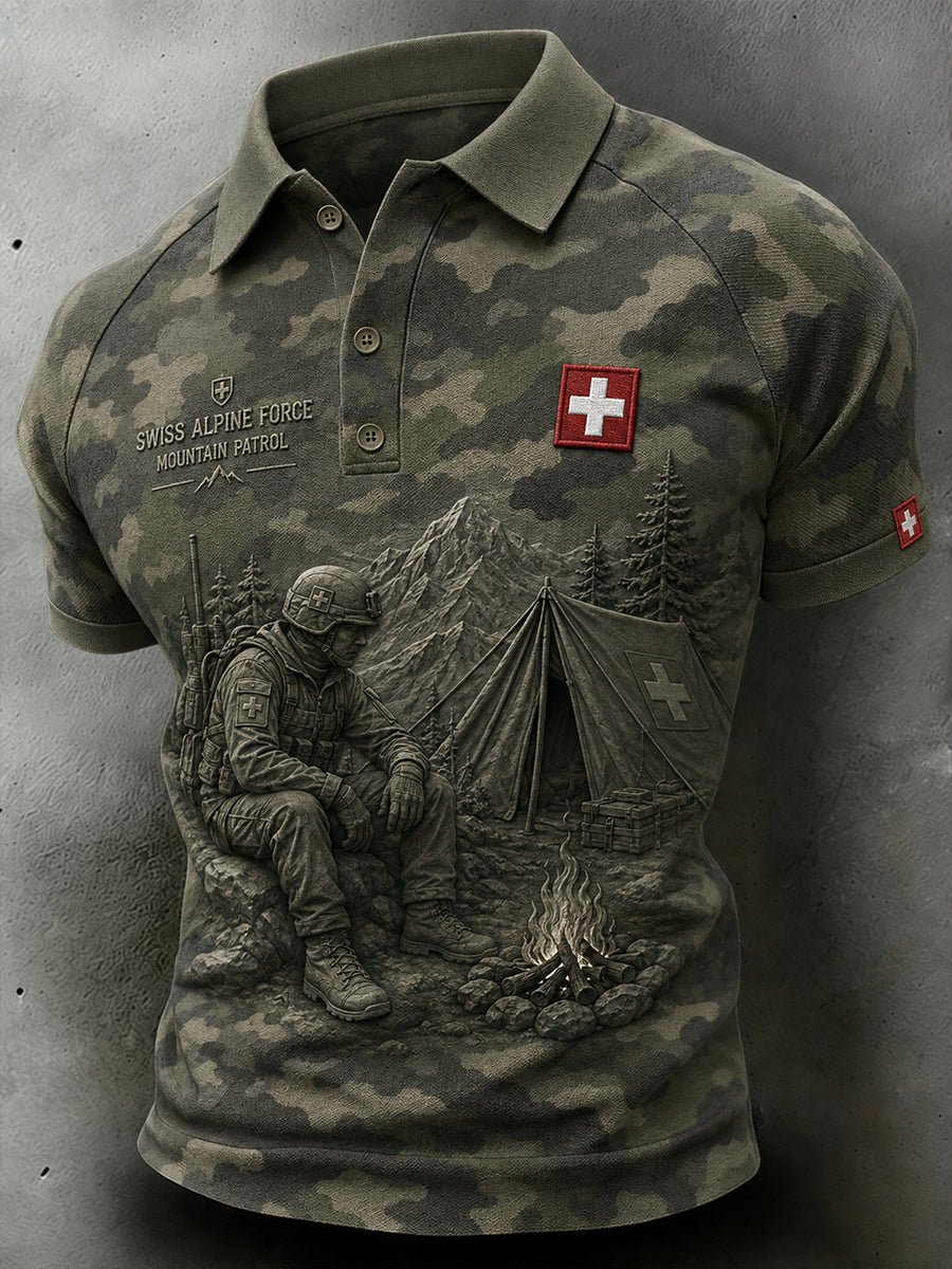 Herren-Poloshirt mit kurzen Ärmeln und Vintage-Print im Militärstil