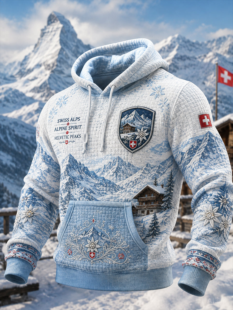 Herren-Hoodie aus Waffelstrick mit langen Ärmeln und grafischem Schneeberg-Print