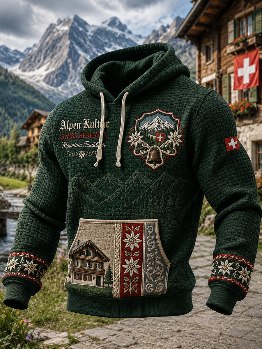 Herren-Hoodie aus Waffelstrick mit langen Ärmeln und grafischem Schneeberg-Print