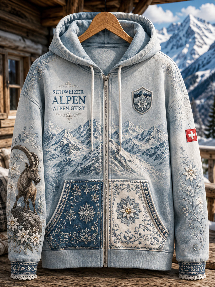 Damen-Sweatshirt mit langen Ärmeln und durchgehendem Reißverschluss, bedruckt mit einer verschneiten Berglandschaft