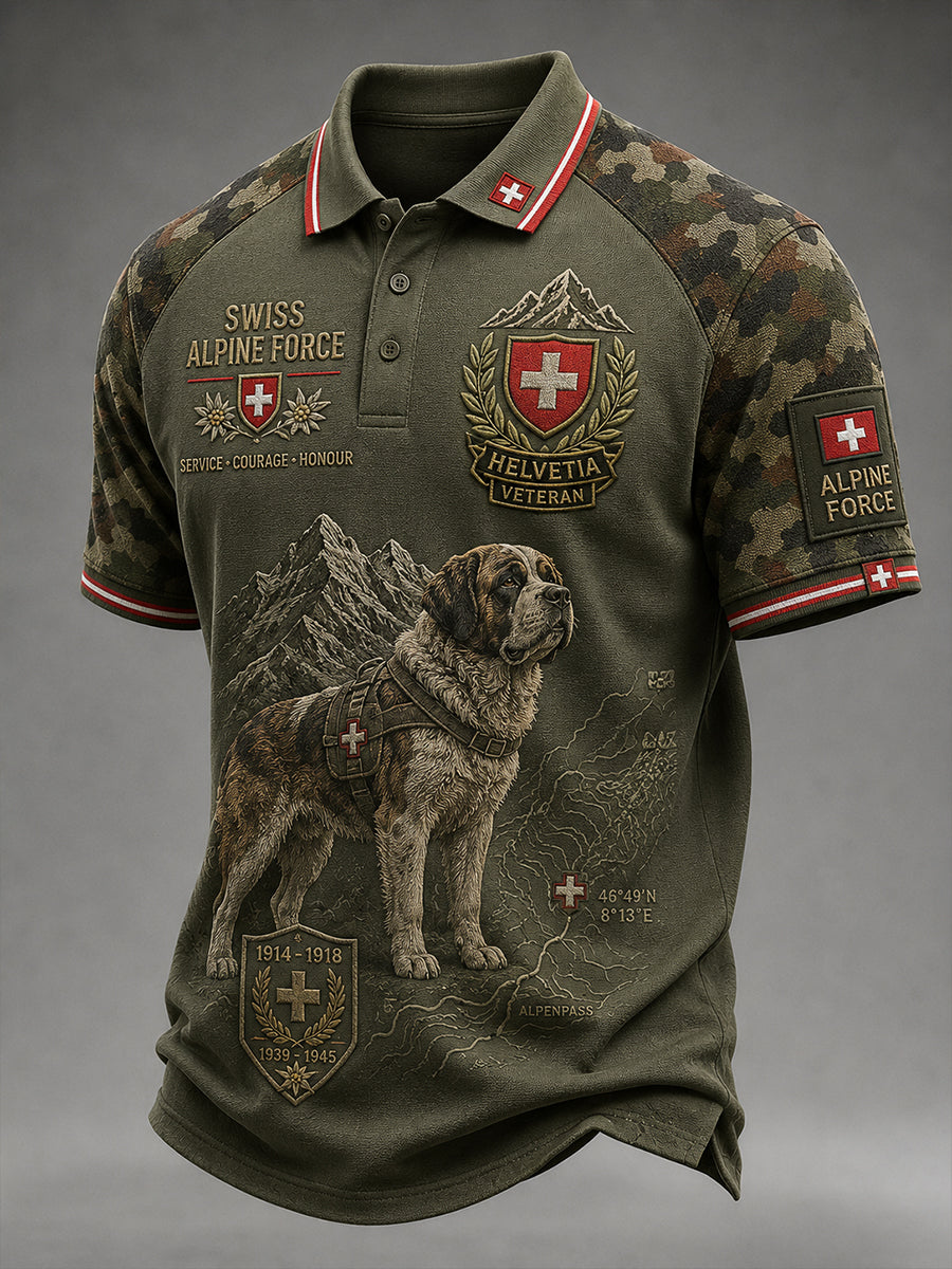 Herren-Poloshirt mit camouflagefarbenem Veteranen-Print und kurzen Ärmeln