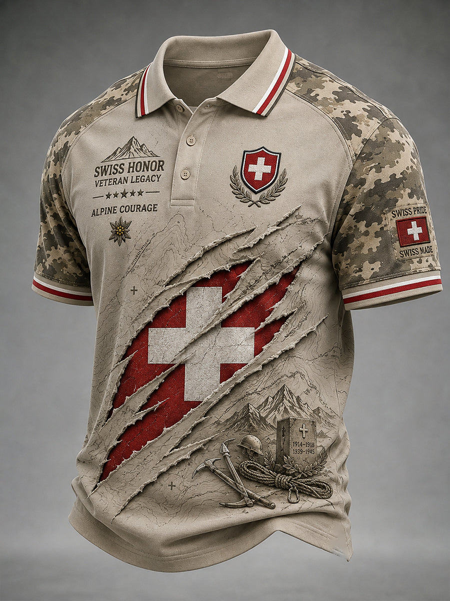 Herren-Poloshirt mit kurzen Ärmeln und vintage Militär-Gedenkdruck