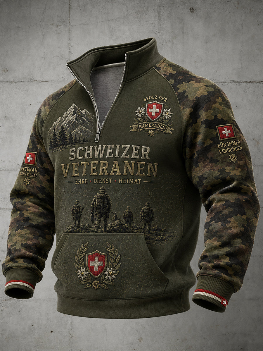 Herren-Raglanärmel-Zip‑Up‑Oberteil mit grafischem Vintage‑Military‑Print