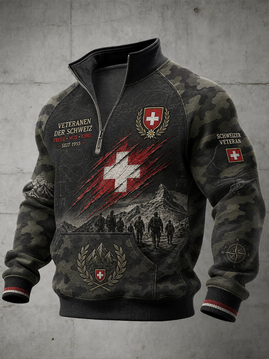 Herren-Raglanärmel-Zip‑Up‑Oberteil mit grafischem Vintage‑Military‑Print
