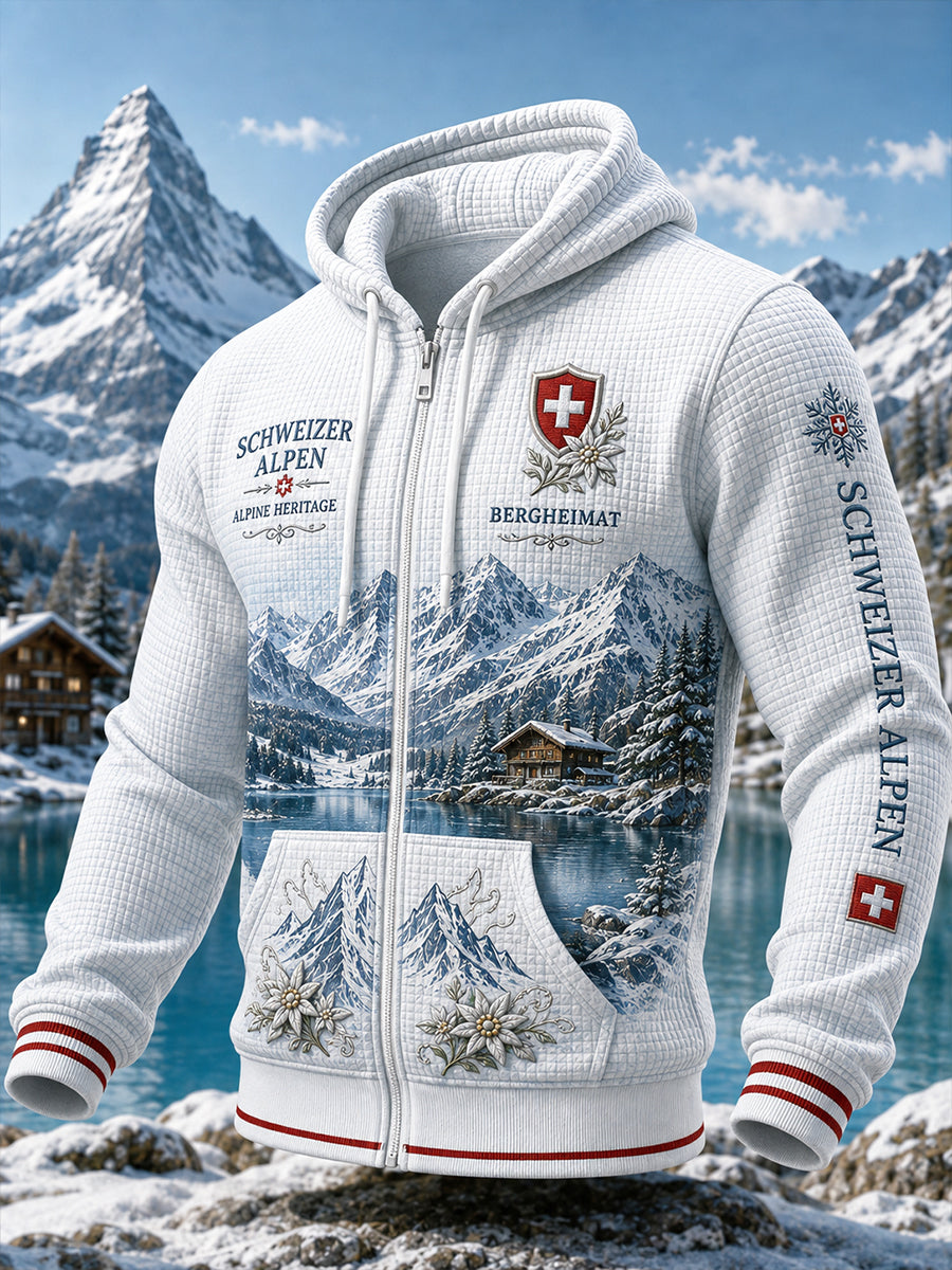 Herren-Kapuzenpullover im Alpin-Stil mit grafischem Print und Waffelstruktur