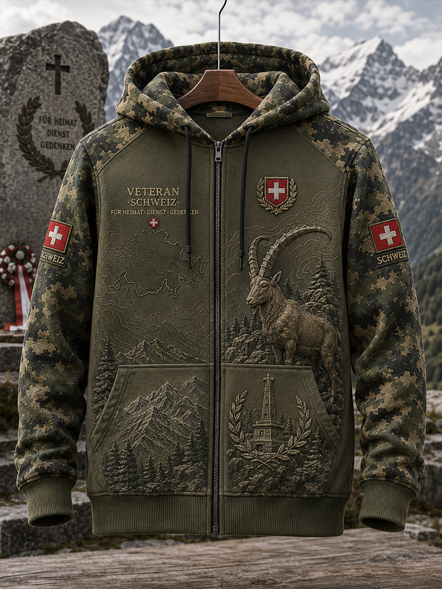 Herren-Vintage-Camouflage-Hoodie im Militärstil mit Langarm und durchgehendem Reißverschluss