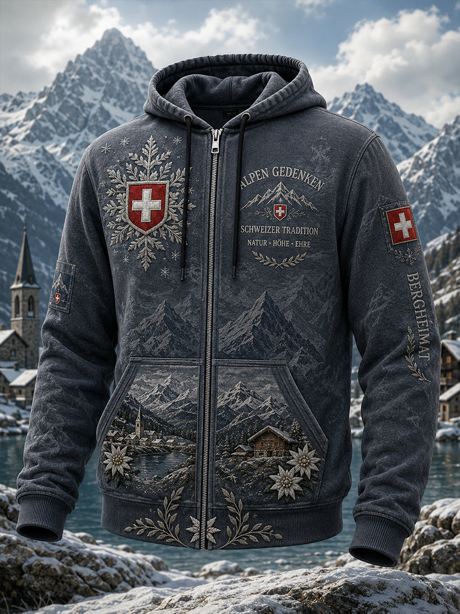 Herren-Vintage-Kapuzenpullover im Alpenstil mit Langarm und durchgehendem Reißverschluss