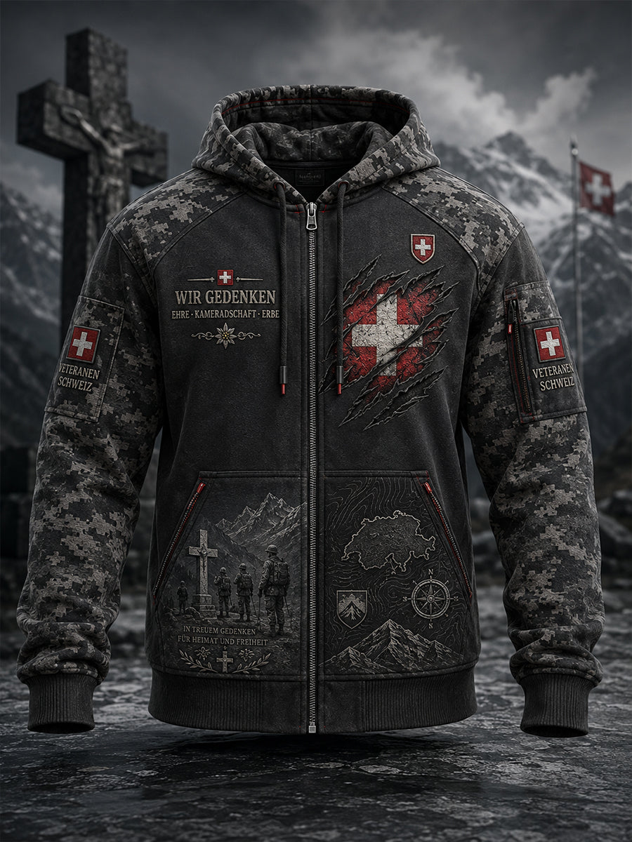 Herren-Vintage-Camouflage-Hoodie im Militärstil mit Langarm und durchgehendem Reißverschluss