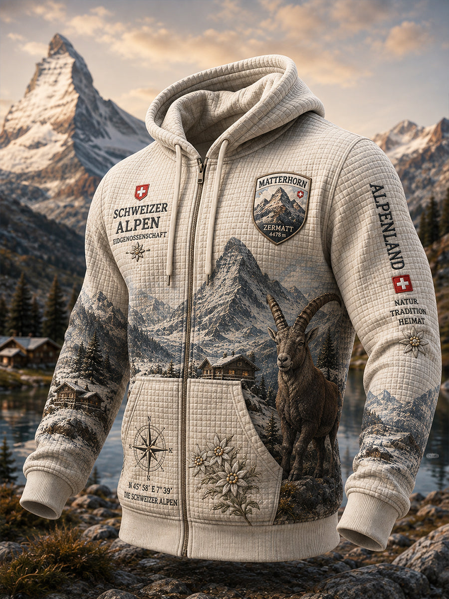 Herren-Kapuzenpullover mit langen Ärmeln und Reißverschluss, mit grafischem Schneeberg-Druck