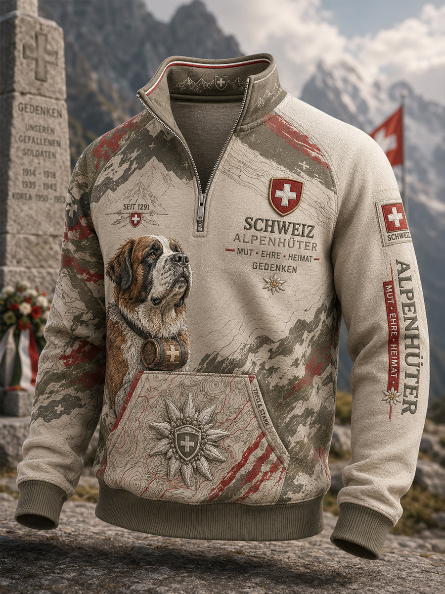 Herren-Top im Vintage-Militärstil mit Raglanärmeln und Reißverschluss, verziert mit einem grafischen Gedenkdruck zum Thema Veteranen
