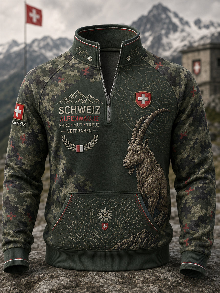 Herren-Top im Vintage-Militärstil mit Raglanärmeln und Reißverschluss, verziert mit einem grafischen Gedenkdruck zum Thema Veteranen