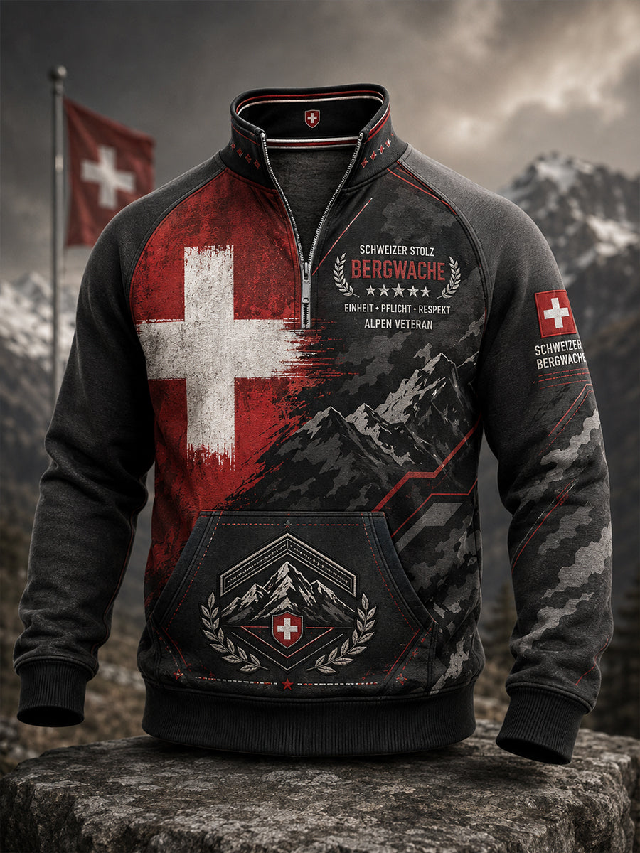 Herren-Top im Vintage-Militärstil mit Raglanärmeln und Reißverschluss, verziert mit einem grafischen Gedenkdruck zum Thema Veteranen
