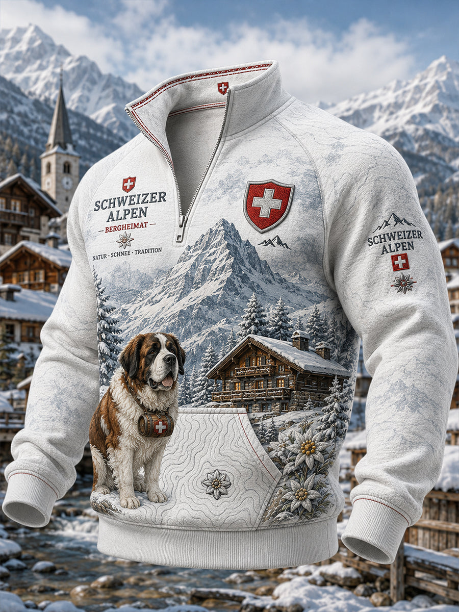 Herren-Oberteil mit langen Raglanärmeln und durchgehendem Reißverschluss, mit grafischem Schneeberg-Print