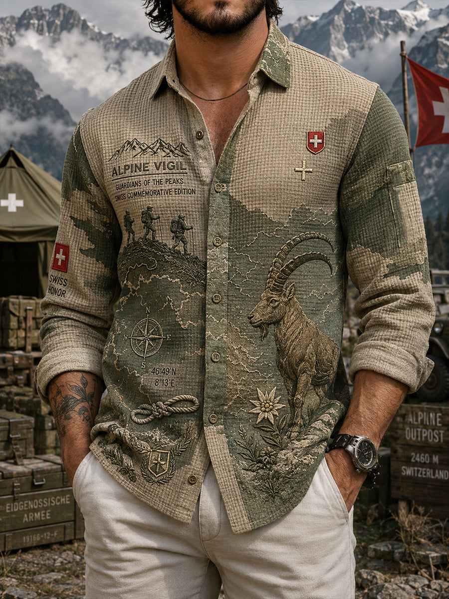 Herren-Waffelstrick-Hemd mit langen Ärmeln und militärischem Camouflage-Print