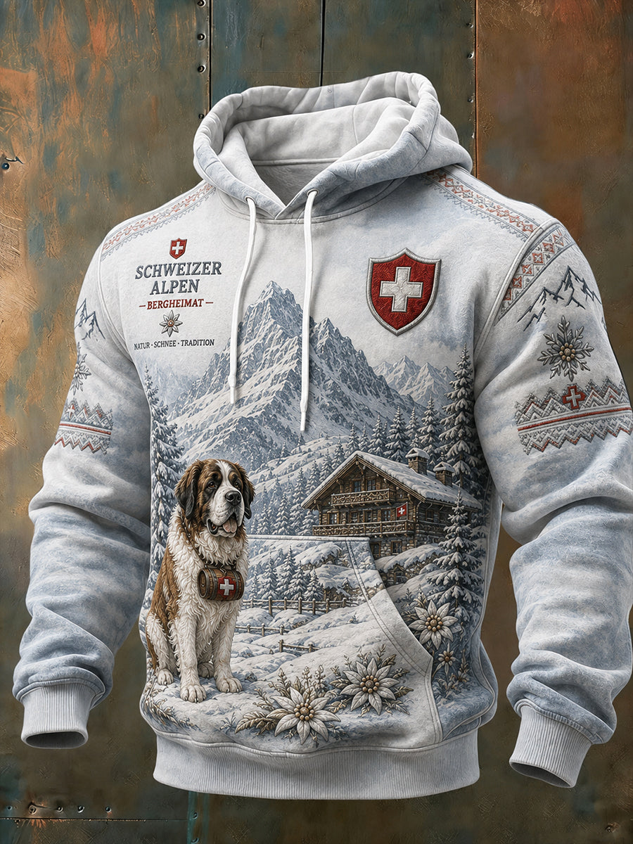 Herren-Kapuzenpullover mit langen Ärmeln und alpin inspiriertem Print