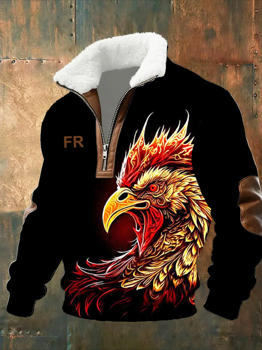 Pánské vintage vytištěné neformální polopískací mikina s obojkem fleecu