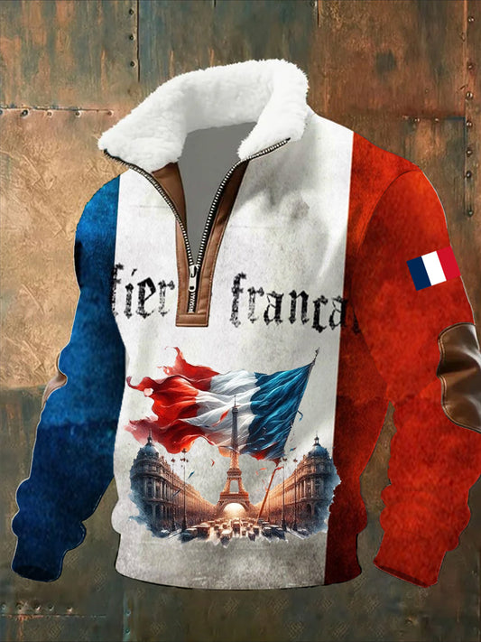 Pánské vintage vytištěné neformální polopískací mikina s obojkem fleecu