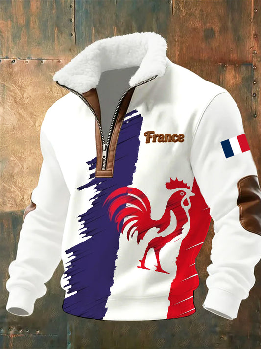 Pánské vintage vytištěné neformální polopískací mikina s obojkem fleecu