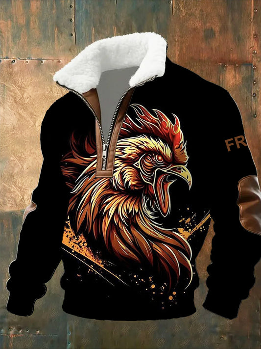 Pánské vintage vytištěné neformální polopískací mikina s obojkem fleecu