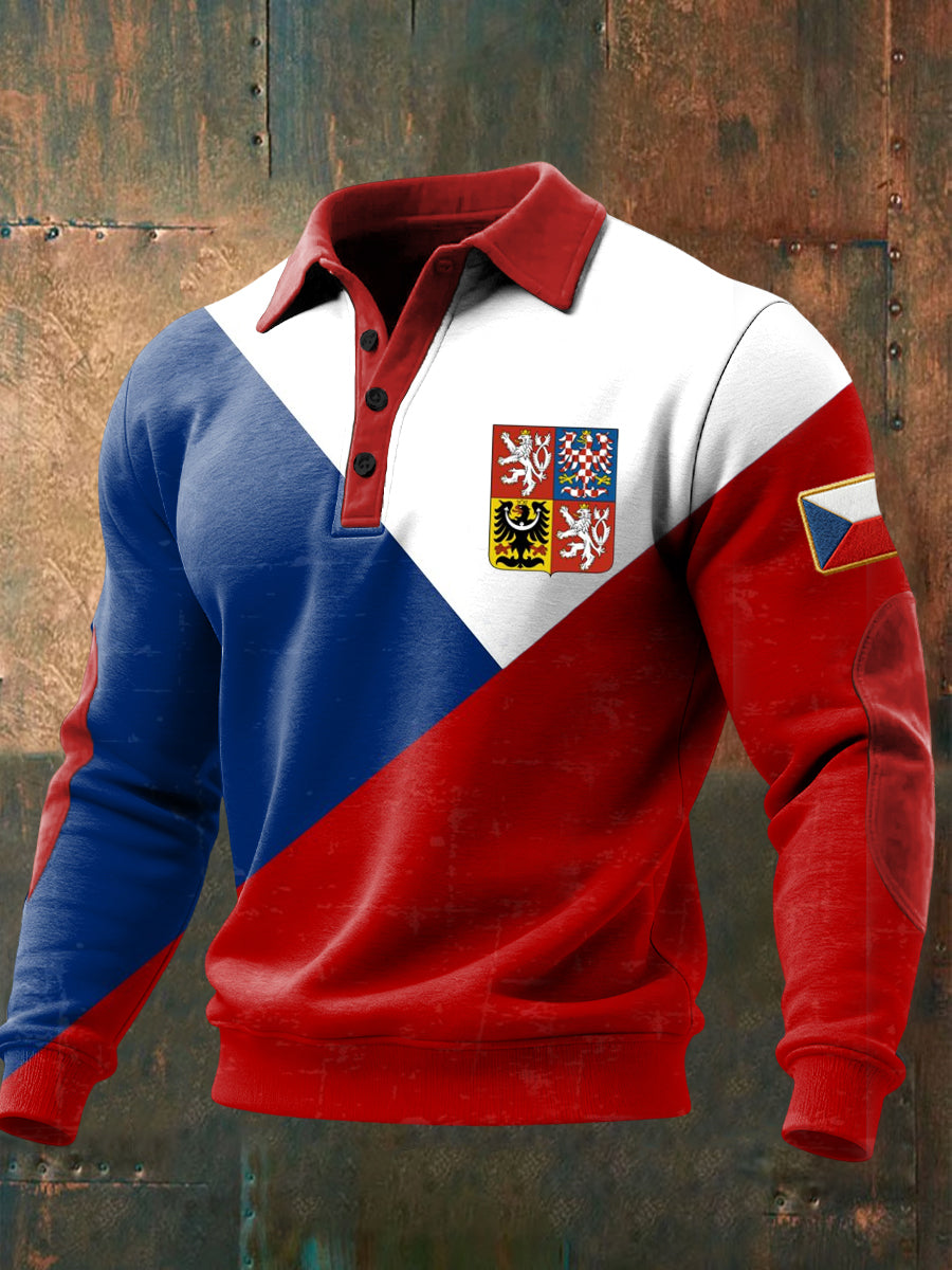 Retro flag emblem geometrické patchwork casual polo shirt