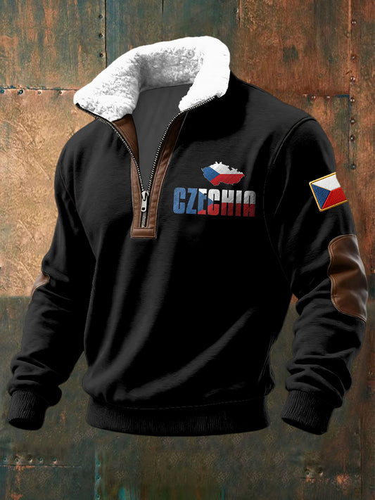 Retro flag art casual shearling zipper pullover