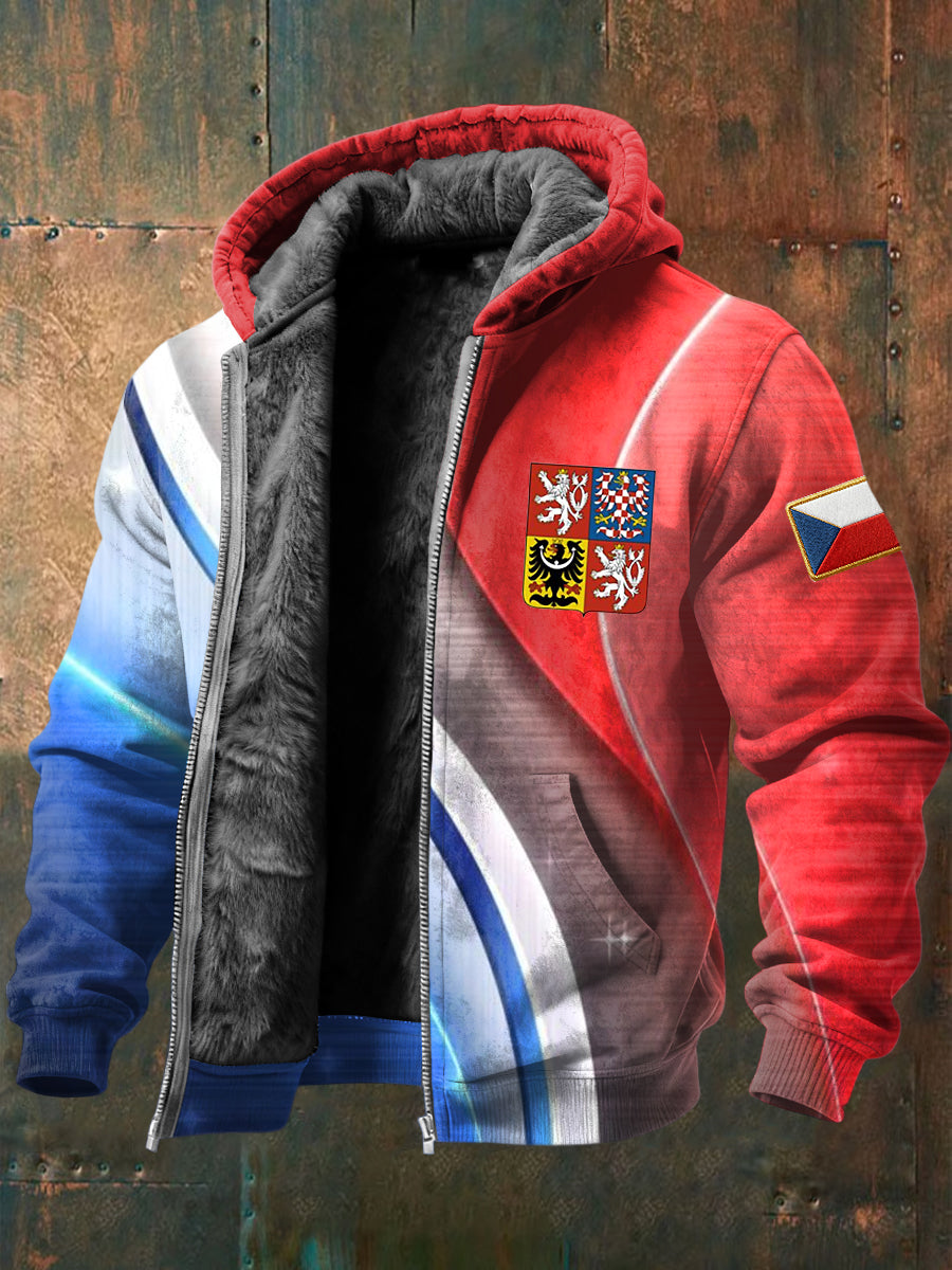 Retro striped czech badge fleecelined hooded jacket