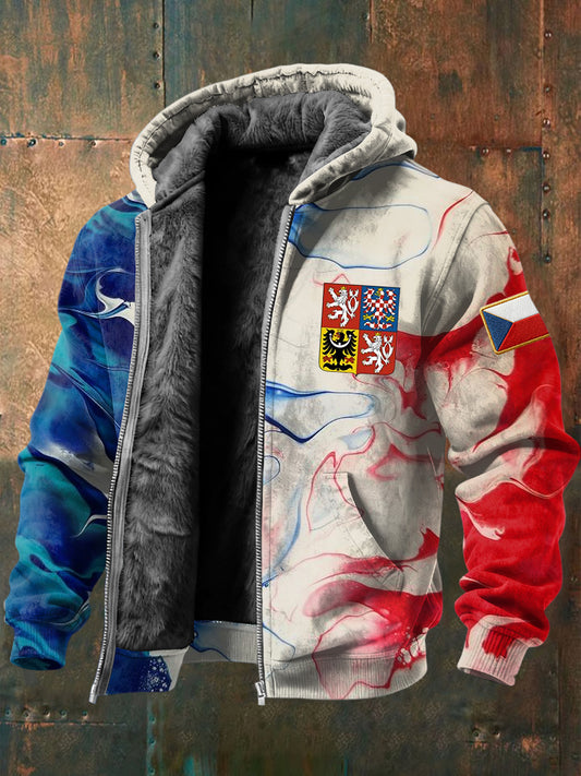 Retrobarevná texturovaná česká odznak fleecelemovaná bunda s kapucinou
