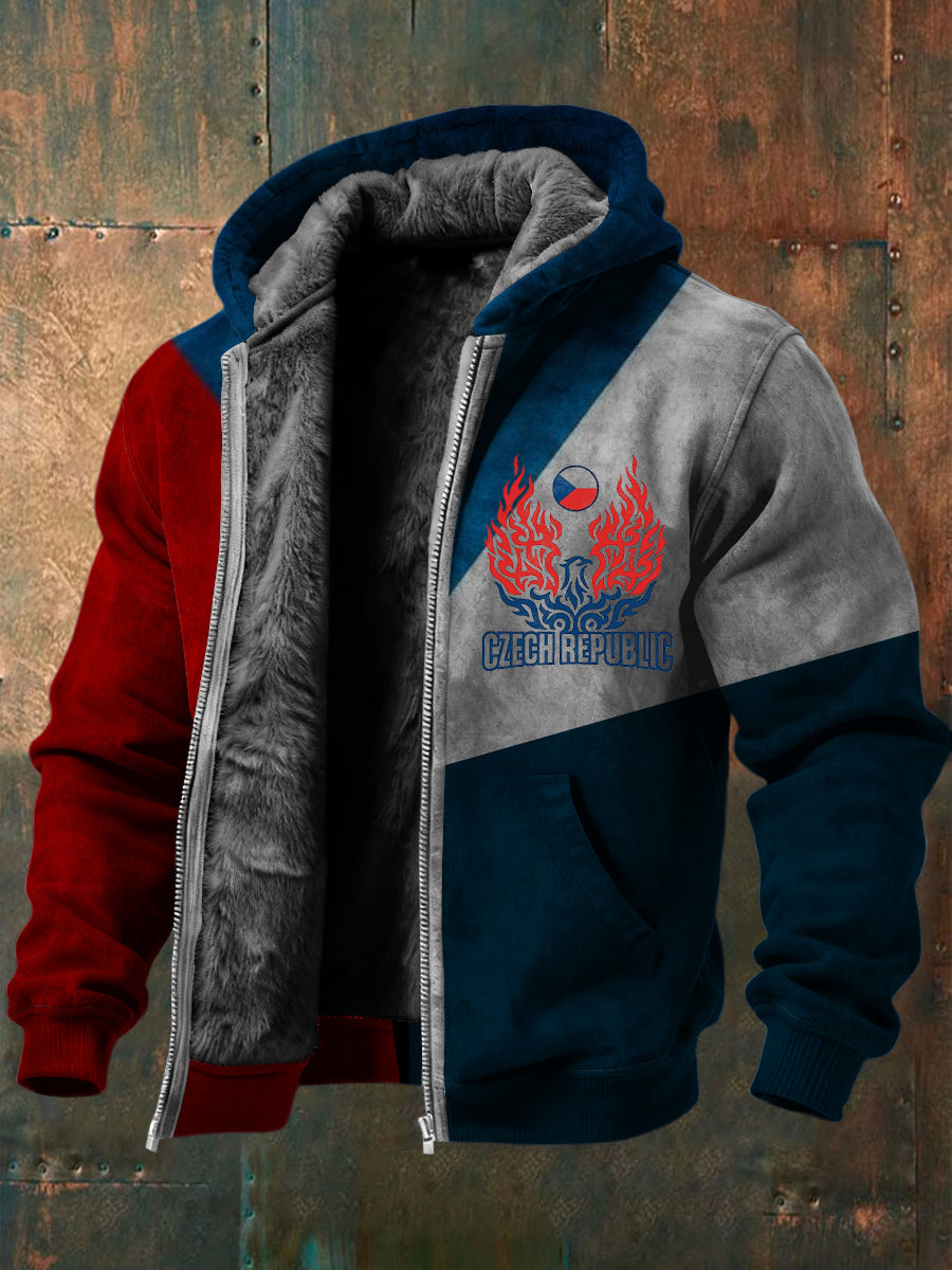 Pánské barvyblok česká republika flaming eagle print fleecelined with hooded jacket