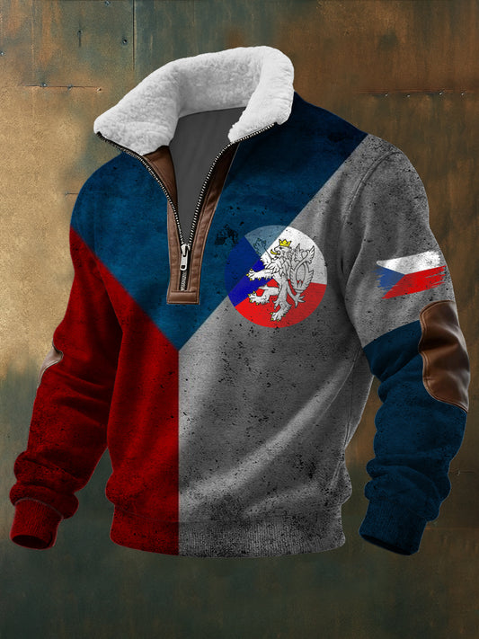 Pánské barvyblok česká republika lev tisk sherpalined quarterzip sweatshirt
