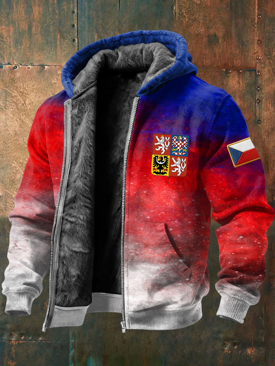 Retrostyl barvavyblednout česká embléma fleecelemované kabát s kapucinou