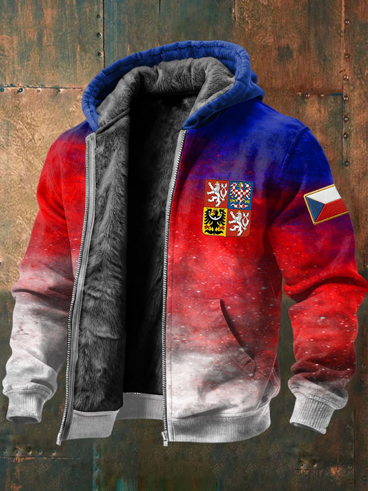 Retrostyl barvavyblednout česká embléma fleecelemované kabát s kapucinou