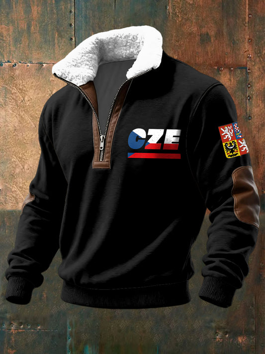 Retro abstraktní česká vlajka jehňata vlna zips pulóver