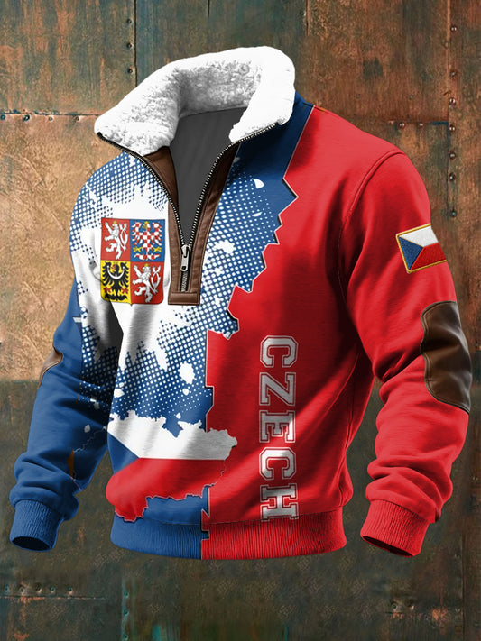 Retro abstraktní česká mapa lambswool zipper pullover