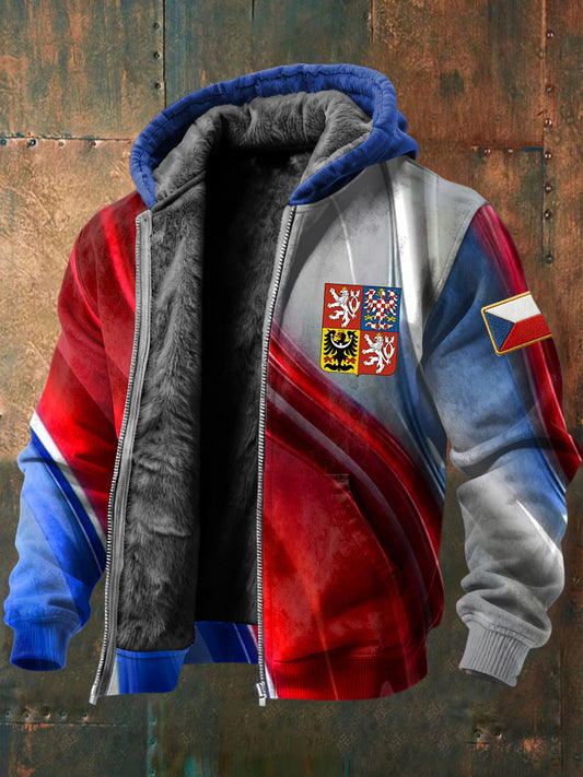 Retro český odznak barevné texturované fleecelemované kabát s kapucinou