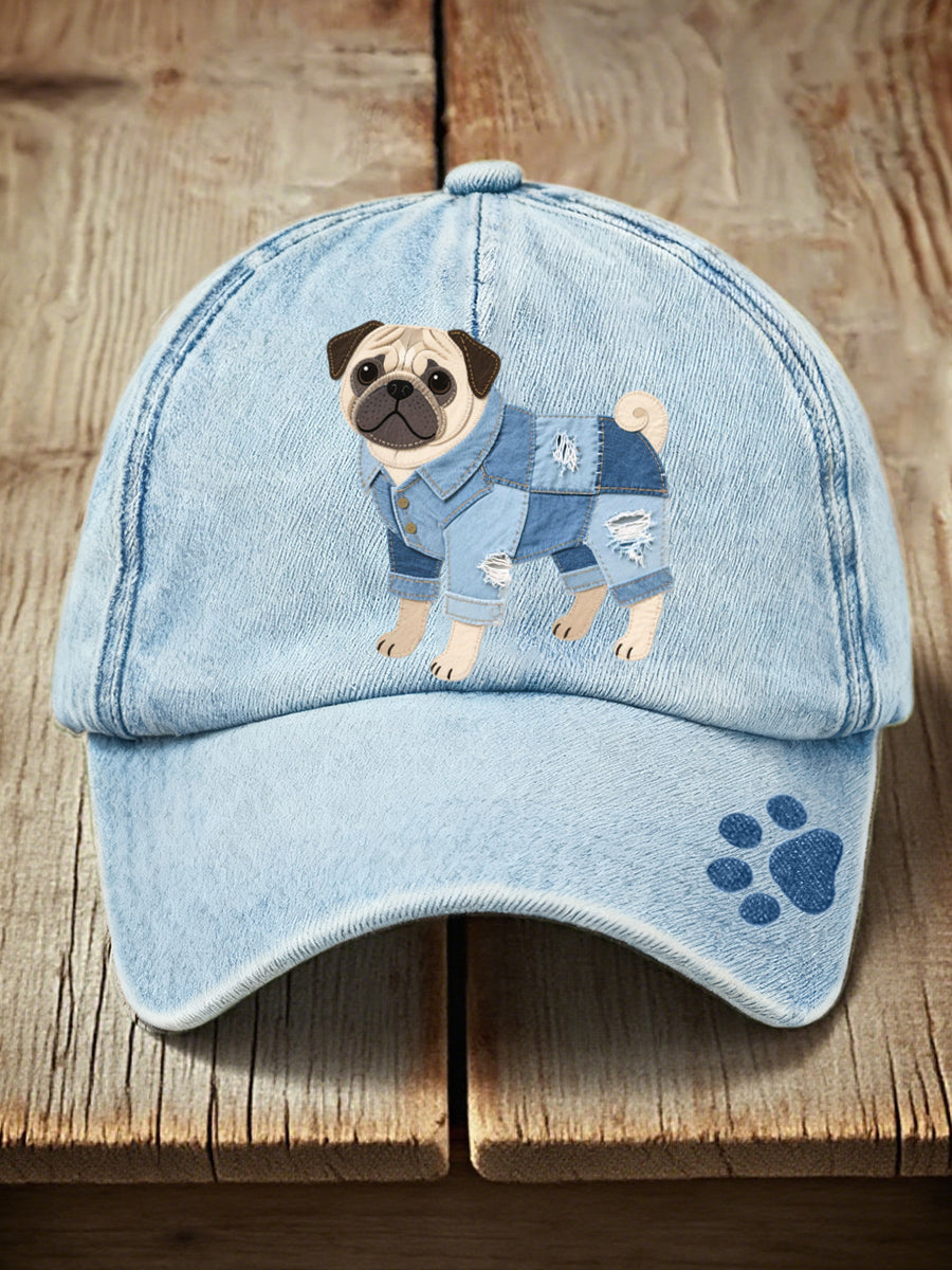 Unisex denim patchwork art pug vzor umytý klobouk