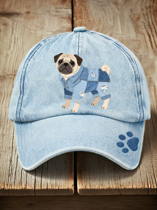 Unisex denim patchwork art pug vzor umytý klobouk